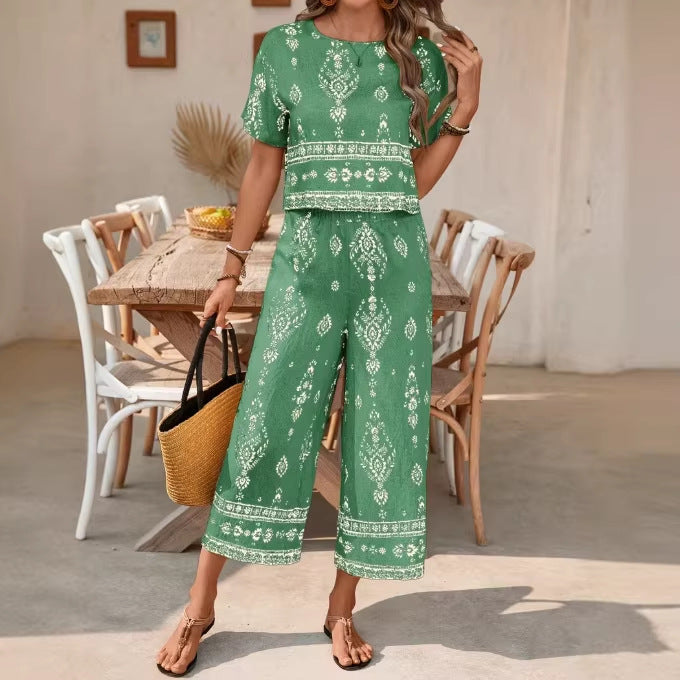Women's Contrast-Colored Ethnic-Style Printed Set 