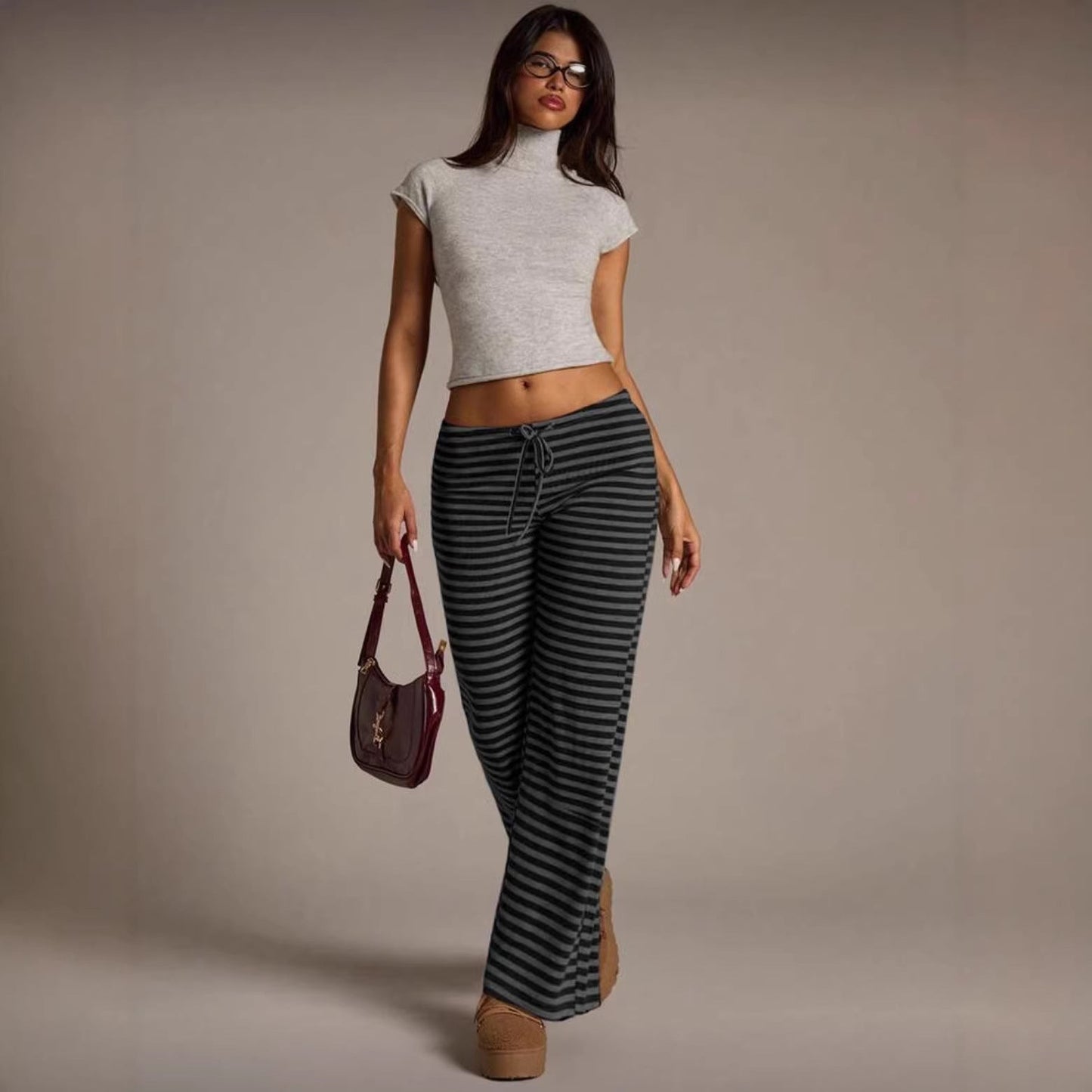 SpringSummer Womens Fashion Striped Casual All-Match Wide-Leg Flared Trousers 