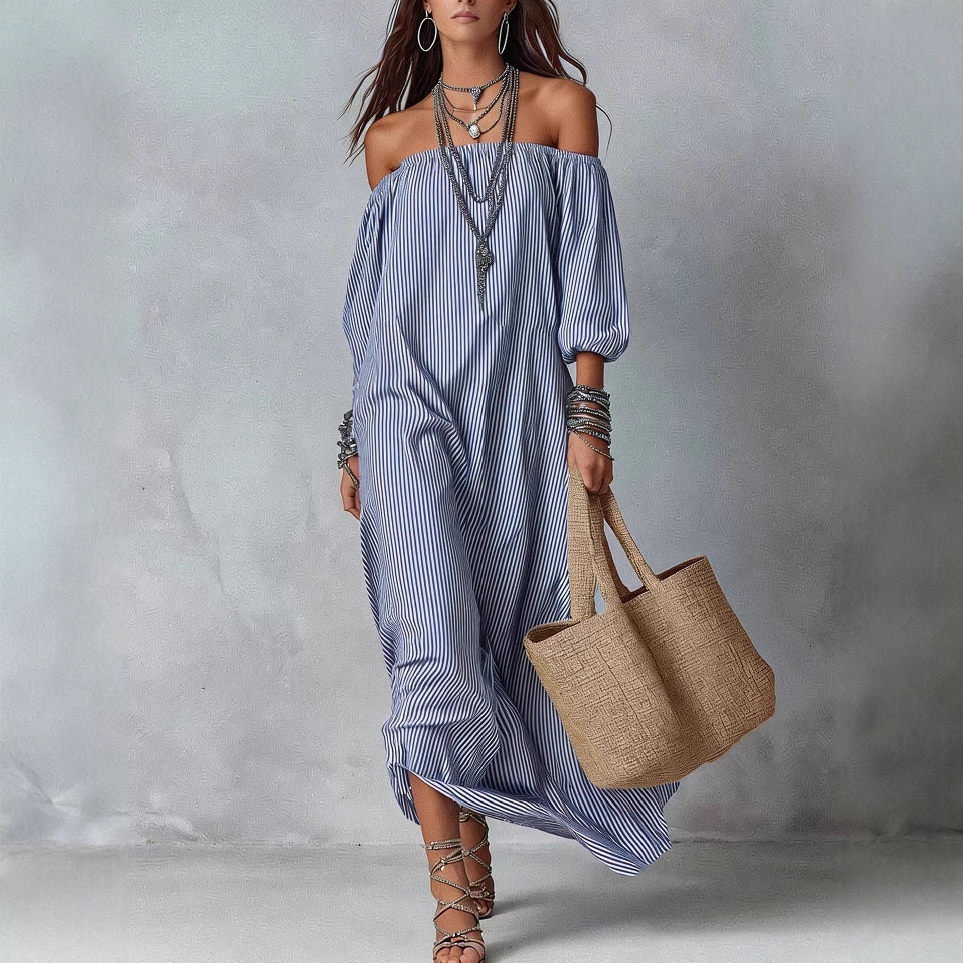 New SpringSummer Elegant Striped Loose-Fit Chic Holiday Dress For Women 