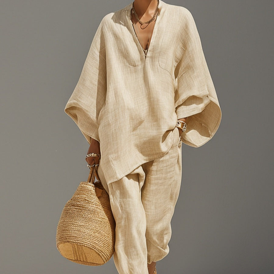 Casual Relaxed Loose-Fitting Solid-Color Shirt Set 