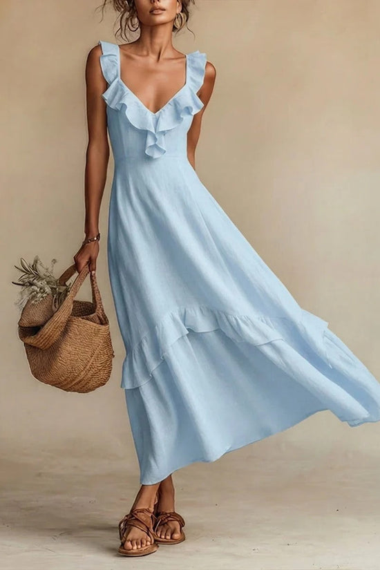 Elegant And Chic Cotton-Linen Dress With Ruffled Flutter Sleeves And A Flowing Hem 