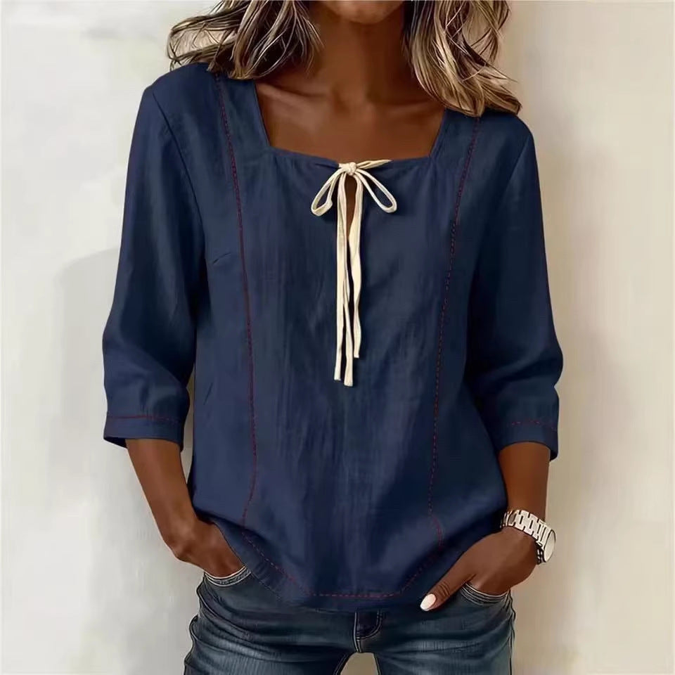 Printed Lace-Up Square-Neck Mid-Sleeve Womens Shirt 