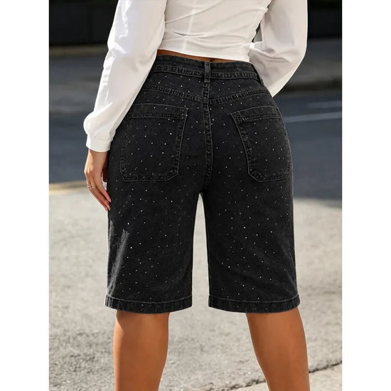 New Summer Women's Rhinestone-Embellished, Loose-Fitting Straight-Leg Cropped Jeans, Includes A Belt, Comfortable Fit, Summer Outfits For Women 