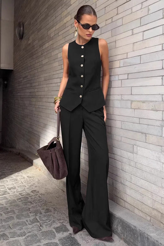 Elegant Commuter Vest And Wide-Leg Pants Two-Piece Set 