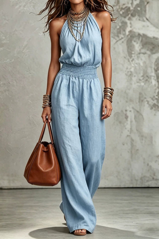 Womens Sleeveless Backless Cinched Waist Lace-up Halter Wide-leg Jumpsuit 