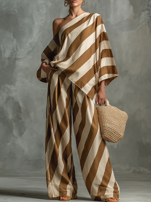 Retro Striped Printed Chiffon Top And Wide-leg Pants Set 