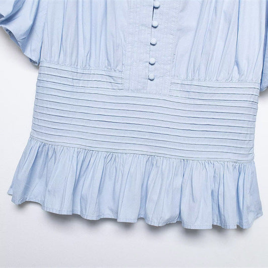 Ruffle-trimmed Puff-sleeve Blouse Top 