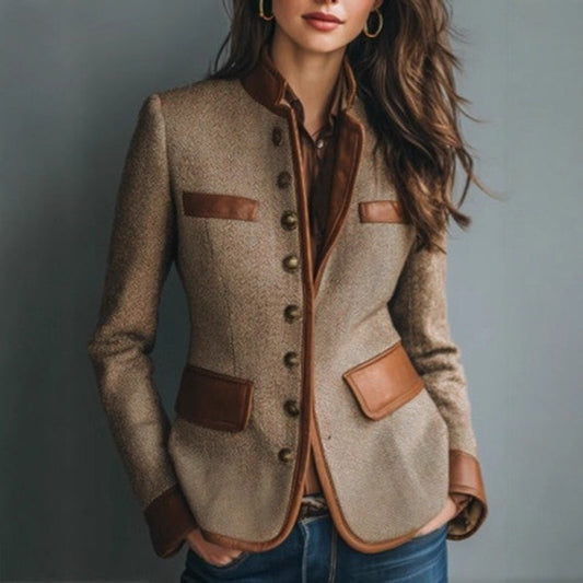 Women's Retro Elegant Jacket, Color-Block Button Front Coat With Stand Collar For Casual And Formal Wear 