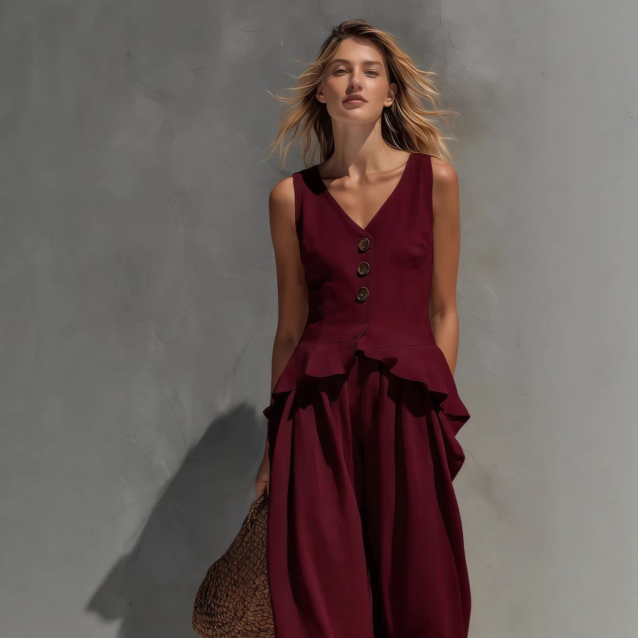 Sweatshirt-style Casual Sleeveless Top And Wide-leg Pants Two-piece Set 
