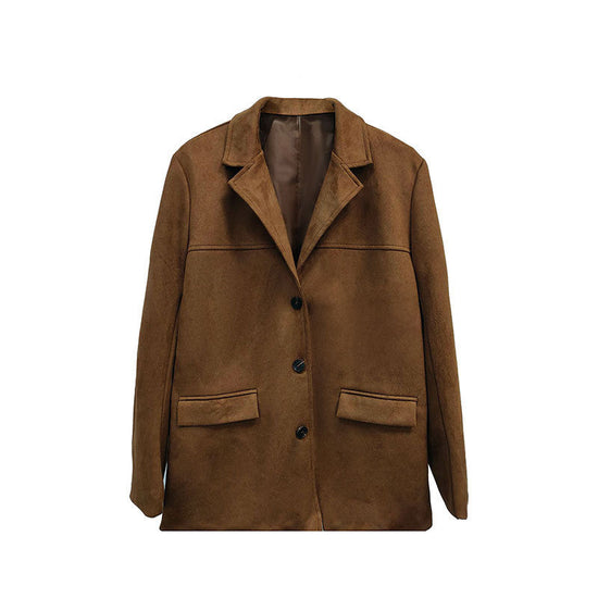 Suede-Look Blazer Jacket — V-Notch Lapel, Button-Front Casual Coat CJ US