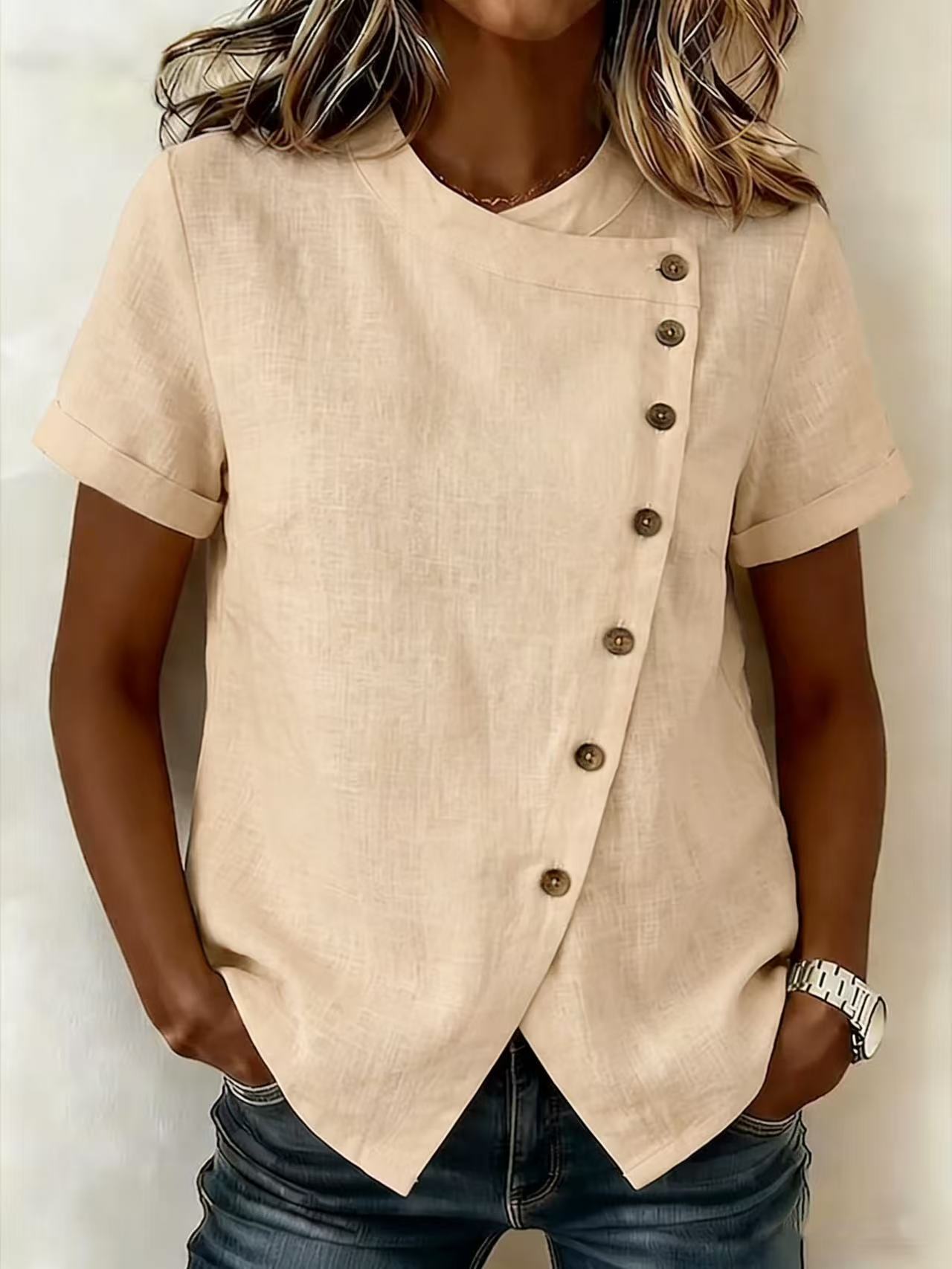 New Solid-Color Cross-Neckline Short-Sleeve Loose Cotton-Linen Asymmetrical Top 