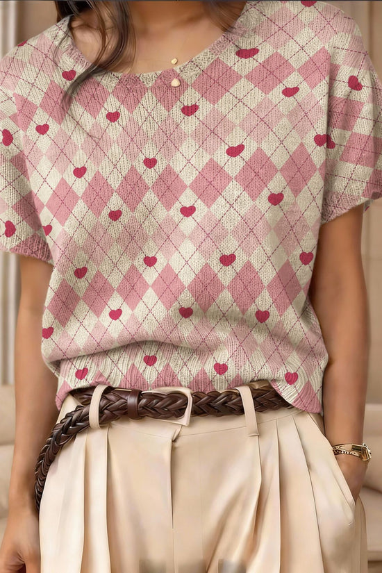 Retro Short-Sleeve Sweater Contrast-Color Jacquard Knit Top 