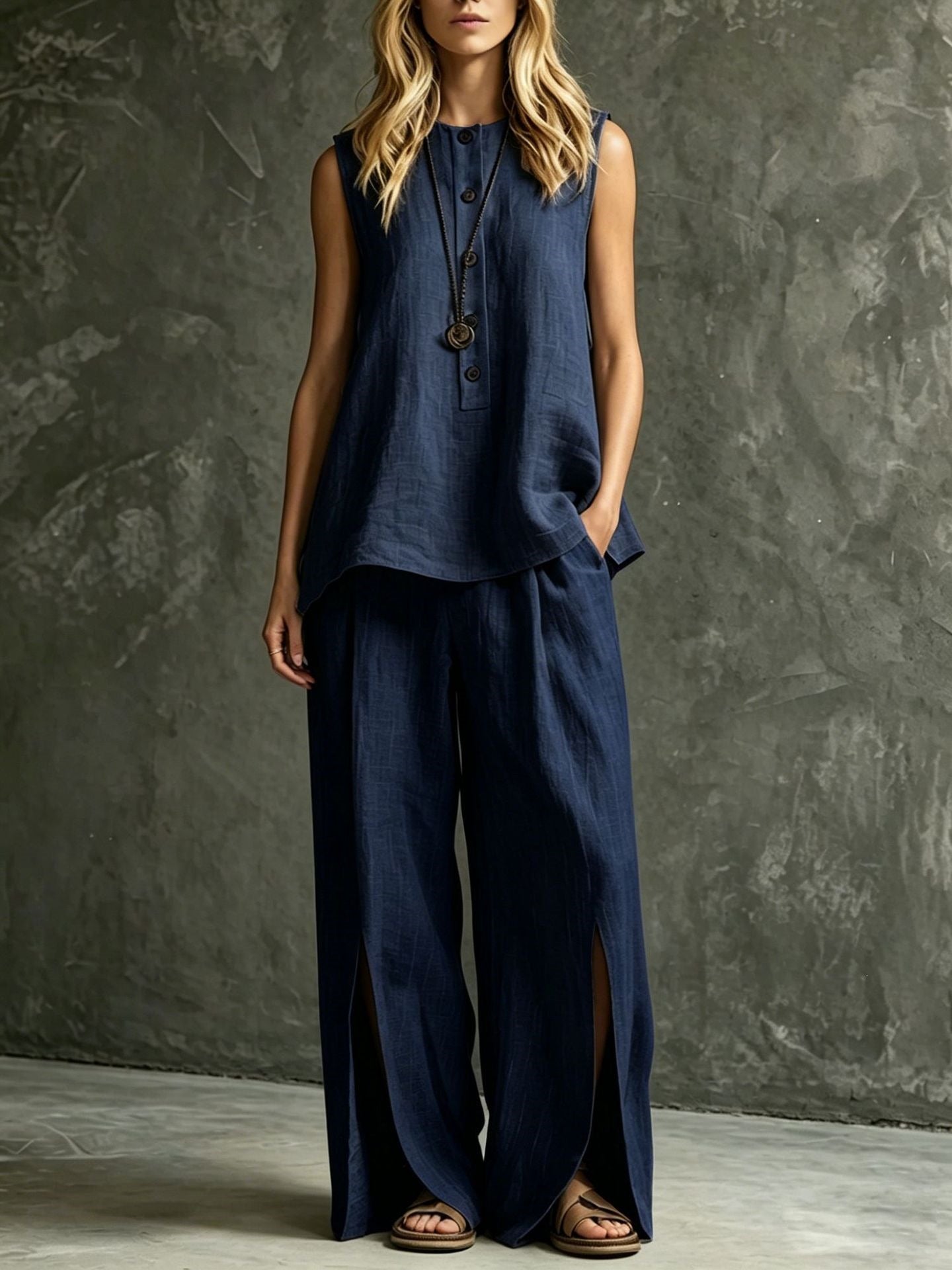 Womens Loose Sleeveless Tank Top And Slit Wide-Leg Pants Set 