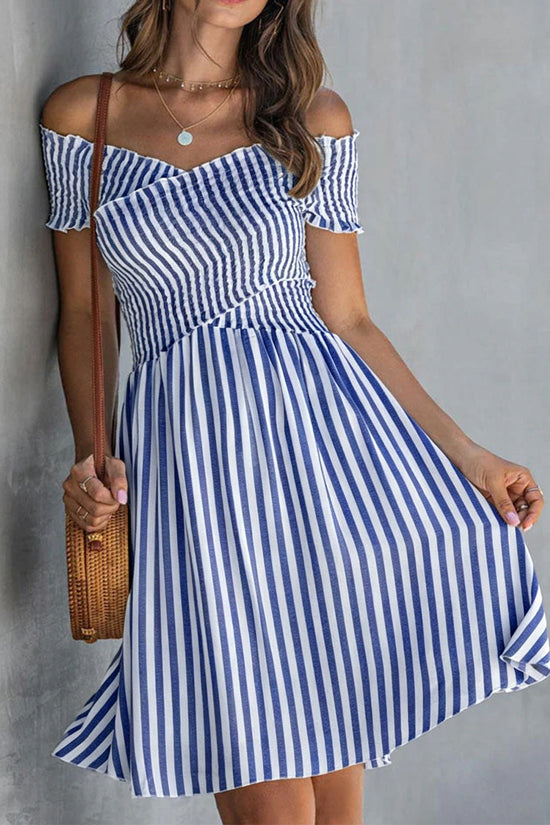 Off-the-shoulder Striped Waist-cinching Dress European And American Style 