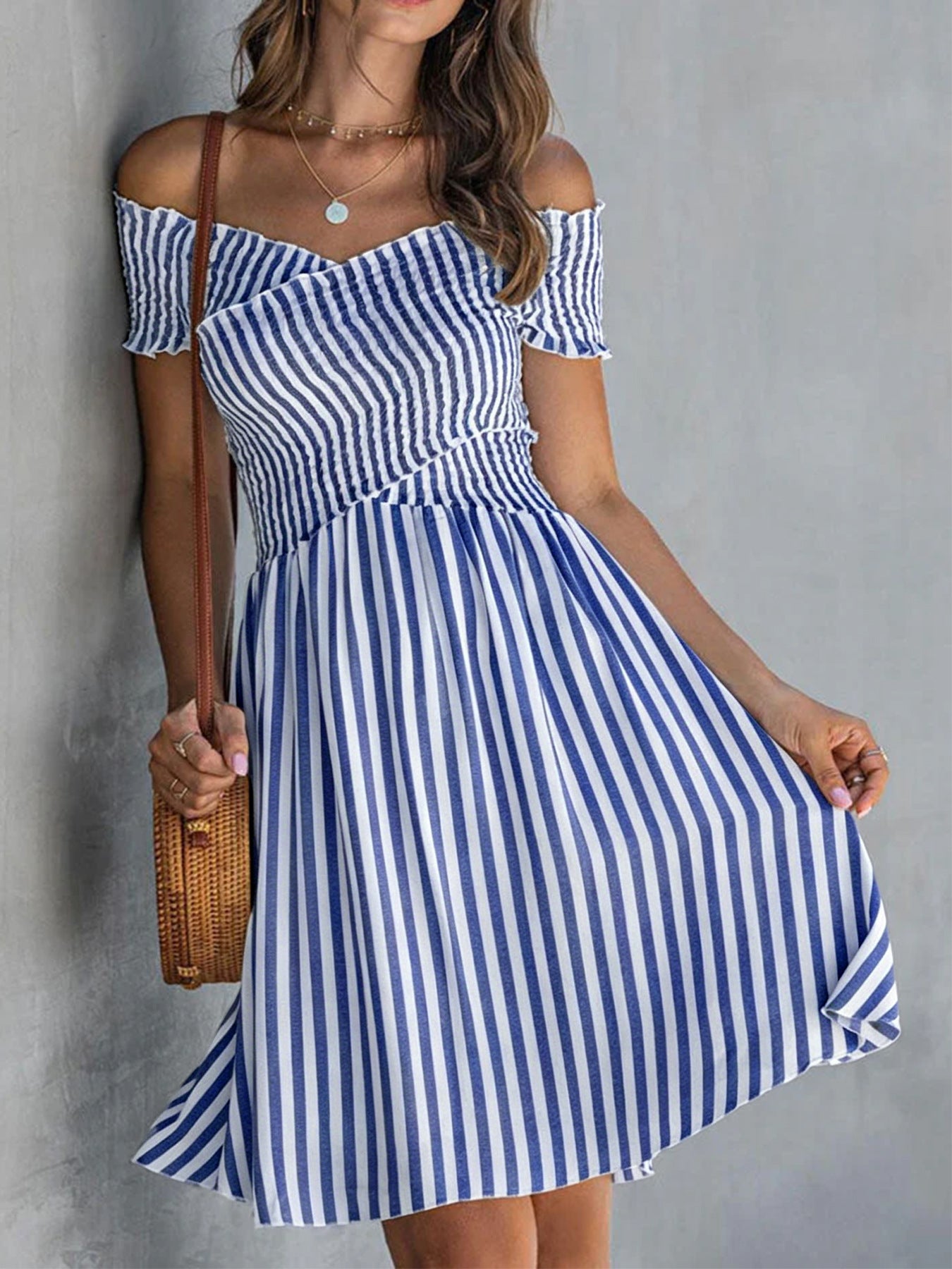 Off-the-shoulder Striped Waist-cinching Dress European And American Style 