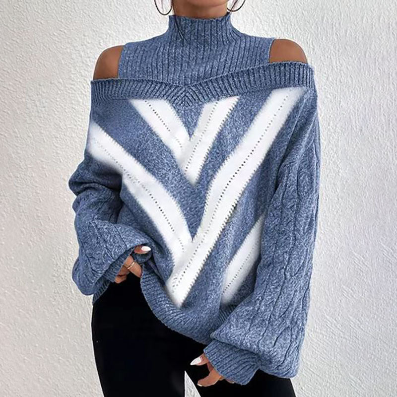 Women’s Elegant Off-Shoulder Turtleneck Sweater — Long Sleeve Knit Top 