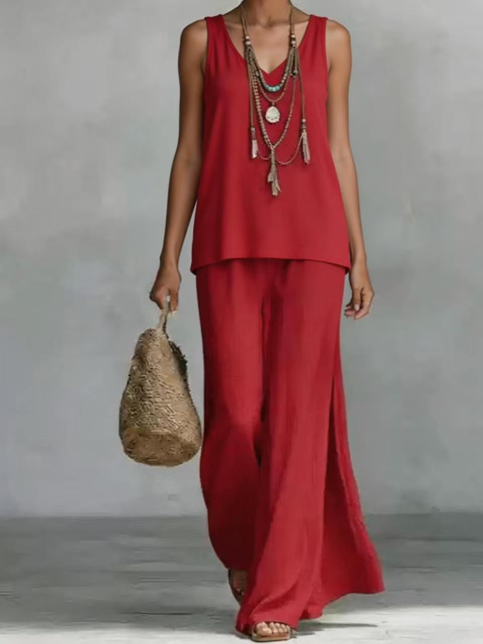 New Casual Bohemian-style Wide-leg Pants And V-neck Vest Set 