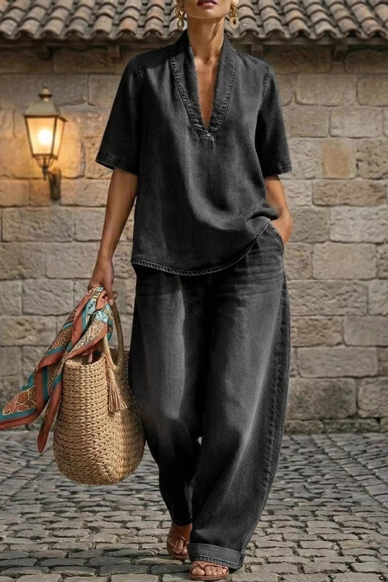 Retro V-neck Denim Set Womens Loose Half-sleeve Top And Wide-leg Pants Two-piece Set 