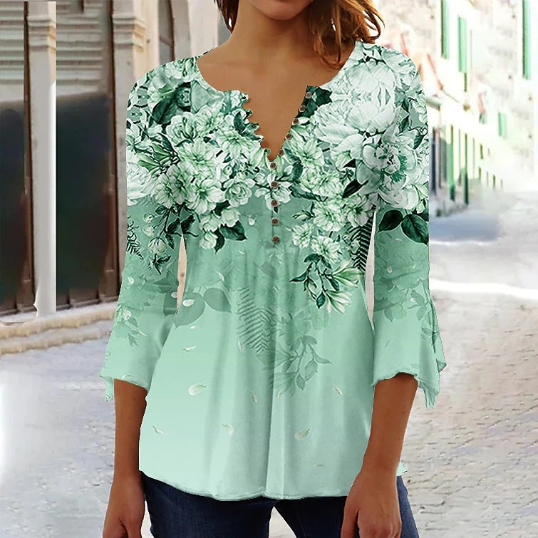 🌸 Asymmetrical Spike Button 3/4 Sleeve T-Shirt – Effortless Chic 