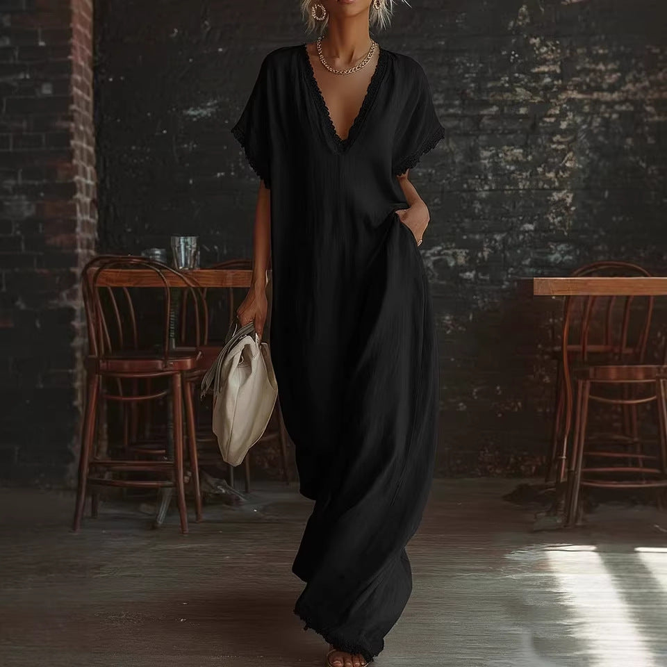 European And American Style Casual Elegant Comfortable Lace-trimmed Loose Linen Cotton Long Dress 