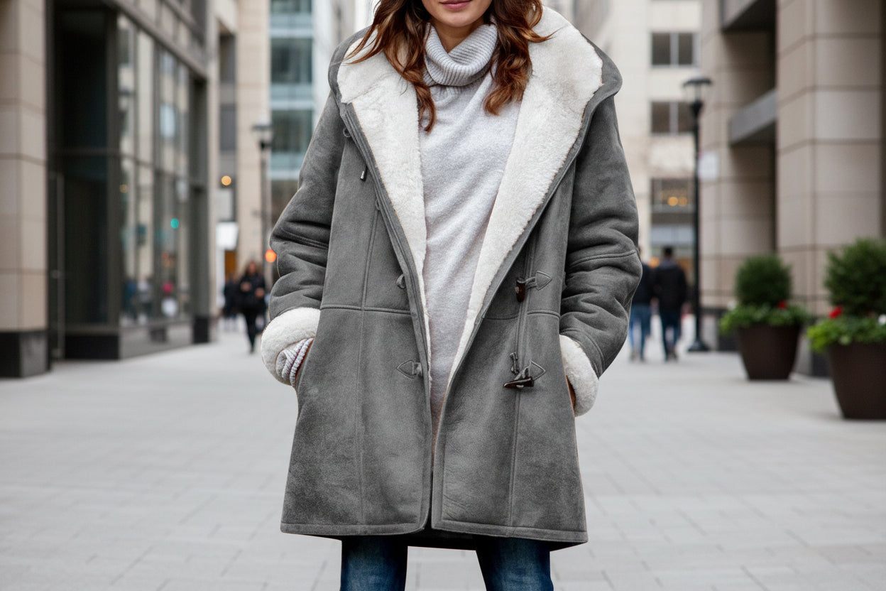 Sherpa-Lined Duffle Toggle Jacket with Hood — Warm Hooded Fleece Coat 
