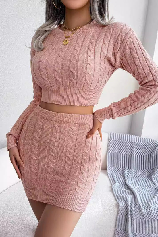Casual Twisted Knit Crop Sweater And Bodycon Skirt Set CJ US