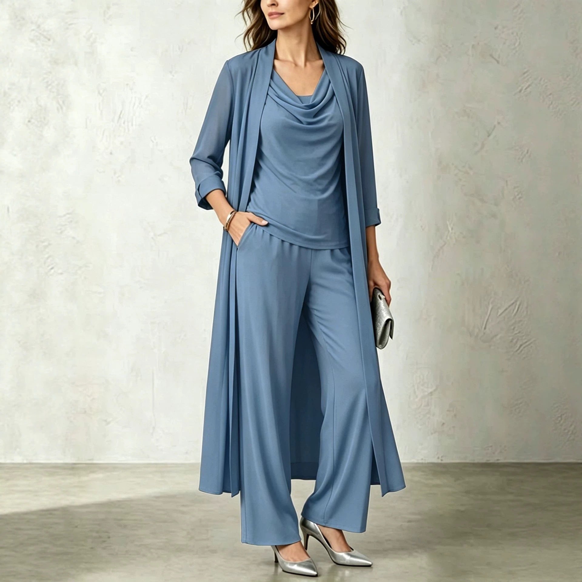 Long sleeved swing collar top long cardigan jacket long pants three piece set 