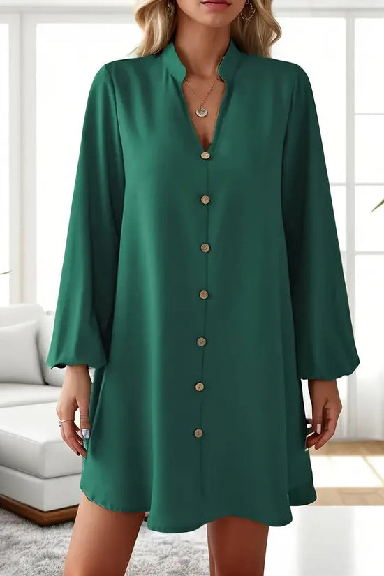 Women Solid Color V-Neck Long Sleeve Single Breasted A-Line Dress 