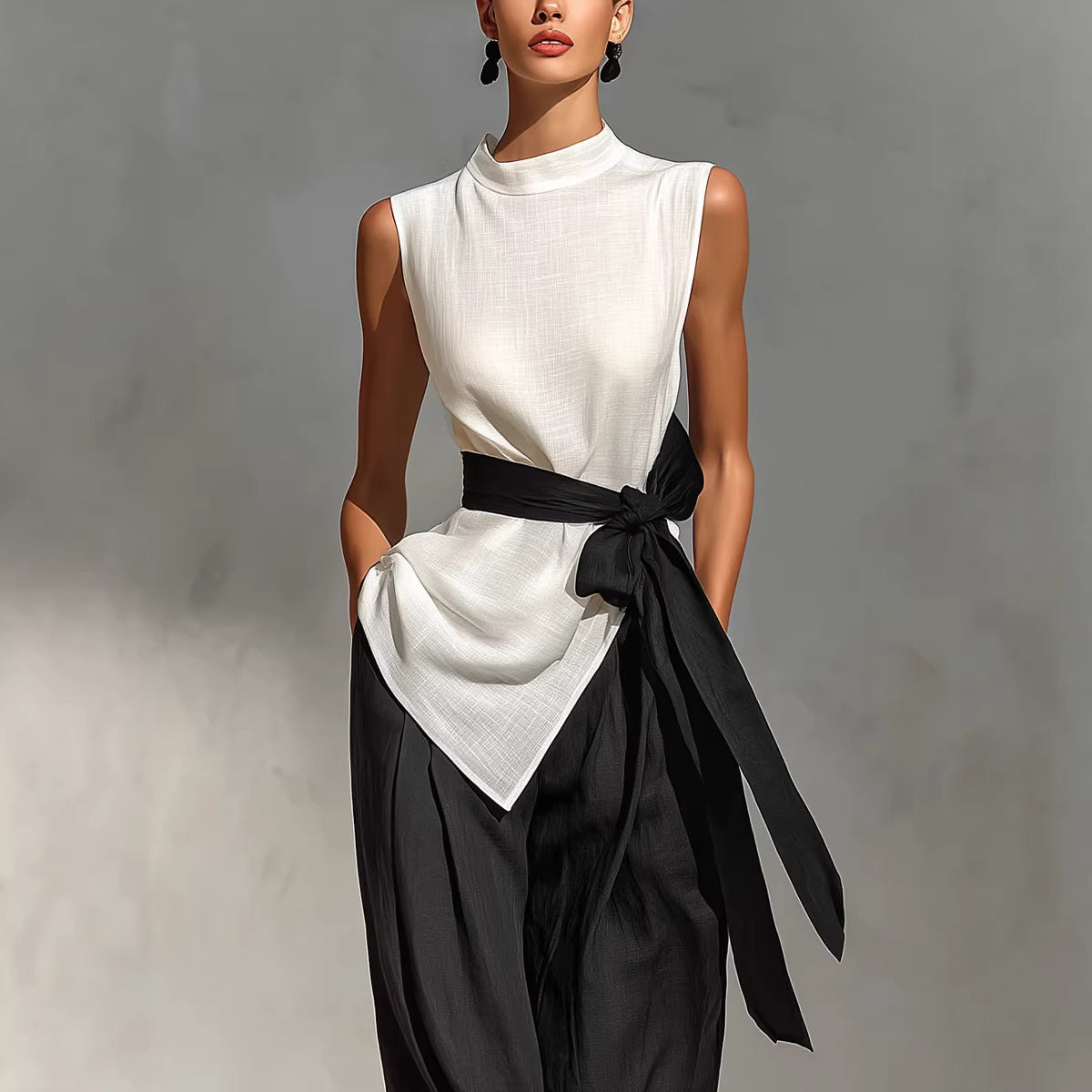 Two piece set of lace up sleeveless top and wide leg pants 