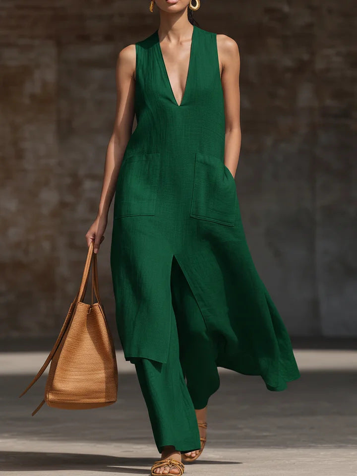 Casual New Style V-Neck Sleeveless Dress Set 