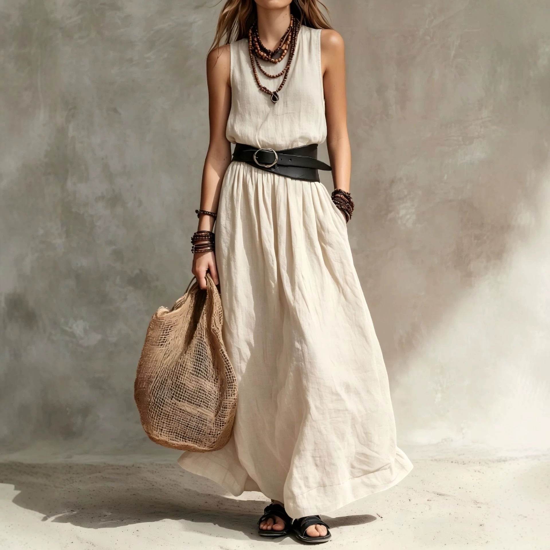 Turn-down Collar Long Sleeveless Dress 