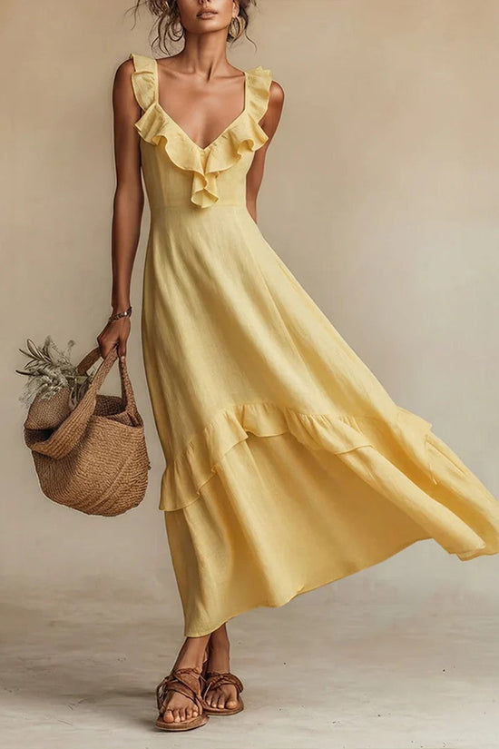 Elegant And Chic Cotton-Linen Dress With Ruffled Flutter Sleeves And A Flowing Hem 