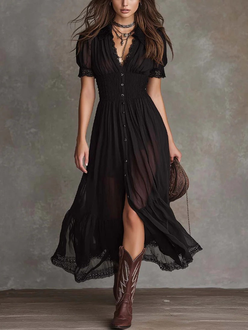Cropped V-Neck Shirt Dress with Ruffled Hem and Side Slit, Dark Chic Style, Body-Con Fit, Long Skirt 