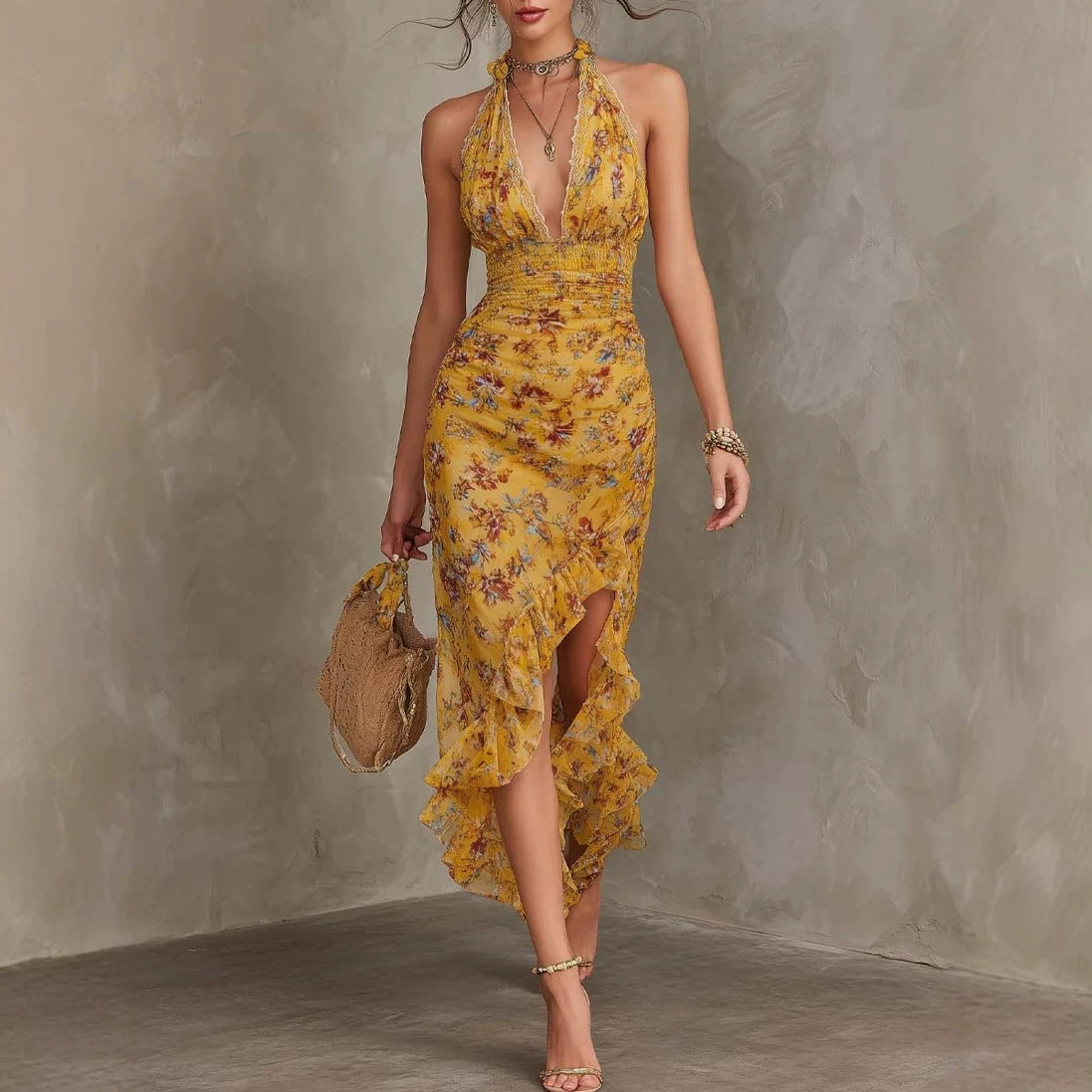 French Vintage Yellow Floral Halter Neck Dress Deep V Waist-Cinching Split Ruffle Slimming Elegant Dress 