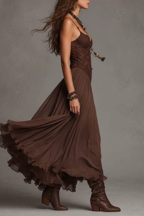 Chiffon Printed Strap Fitted Long Dress, Vintage Flowy Maxi Dress 