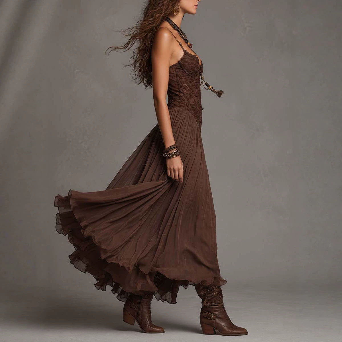 Chiffon Printed Strap Fitted Long Dress, Vintage Flowy Maxi Dress 