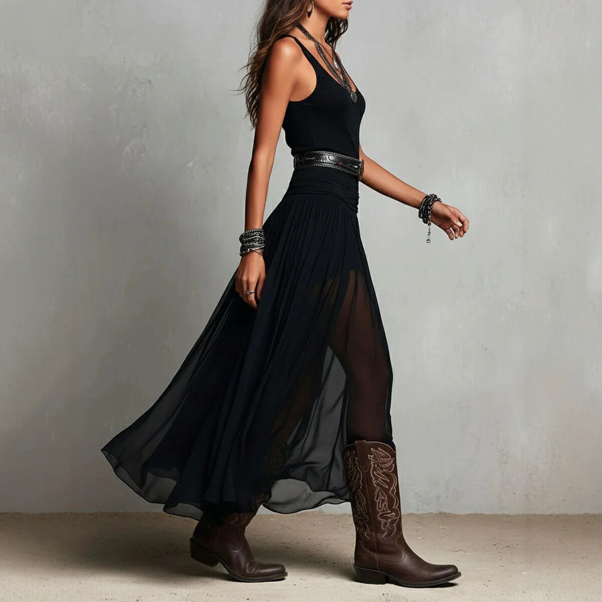 Summer New Black Strap Long Dress for Women, Mesh Dress with Belt 