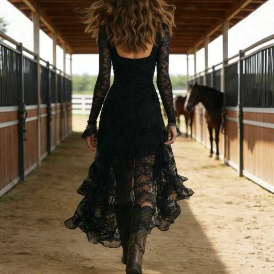 ElegantSolid Color Lace Panel High-Waisted Long Sleeve Square Neck Long Dress 