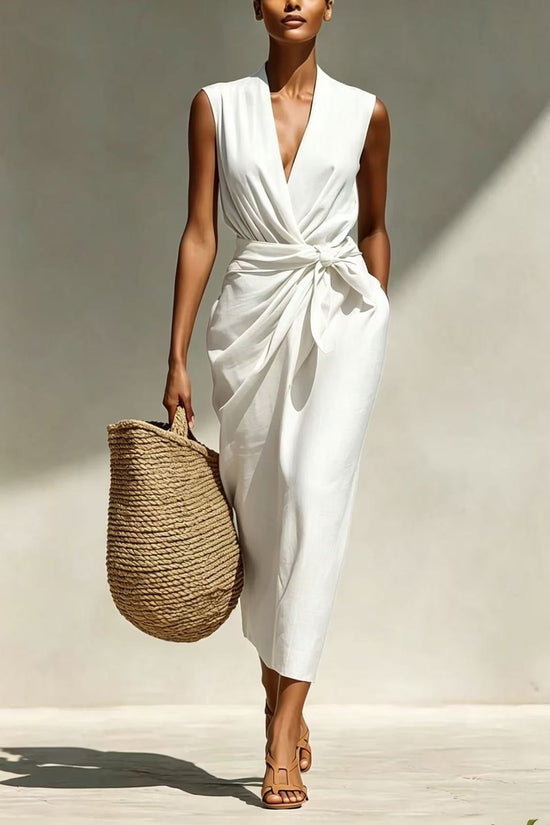 Solid-color Sleeveless Cotton-linen Feel Midi Dress 
