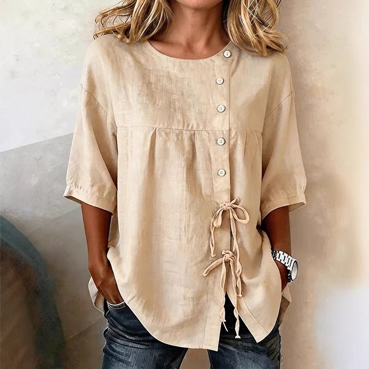 Lace-up Button New Solid-color Shirt 