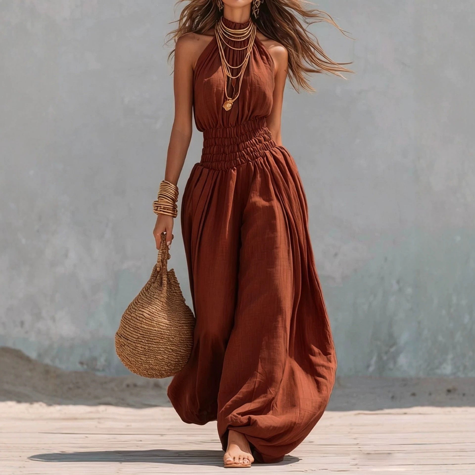 Sleeveless hanging neck lantern pants jumpsuit for women 