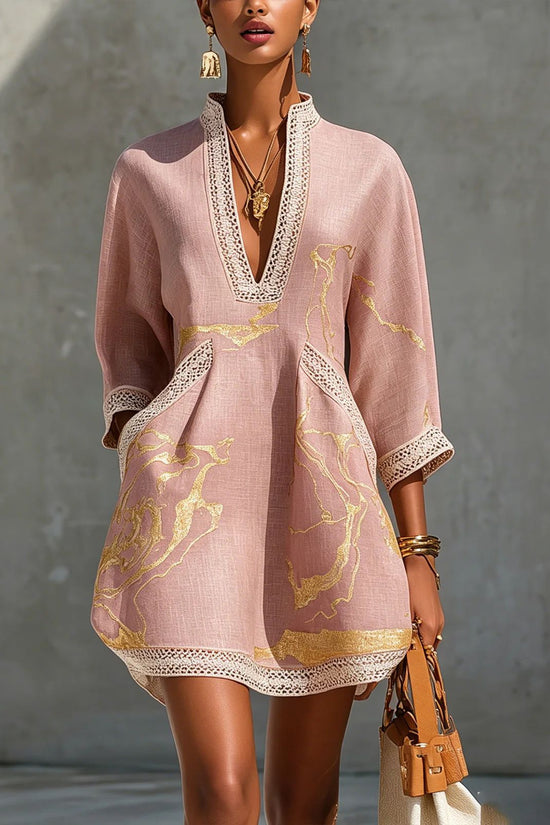 Printed lace trimmed seven quarter sleeved cotton linen short dress 