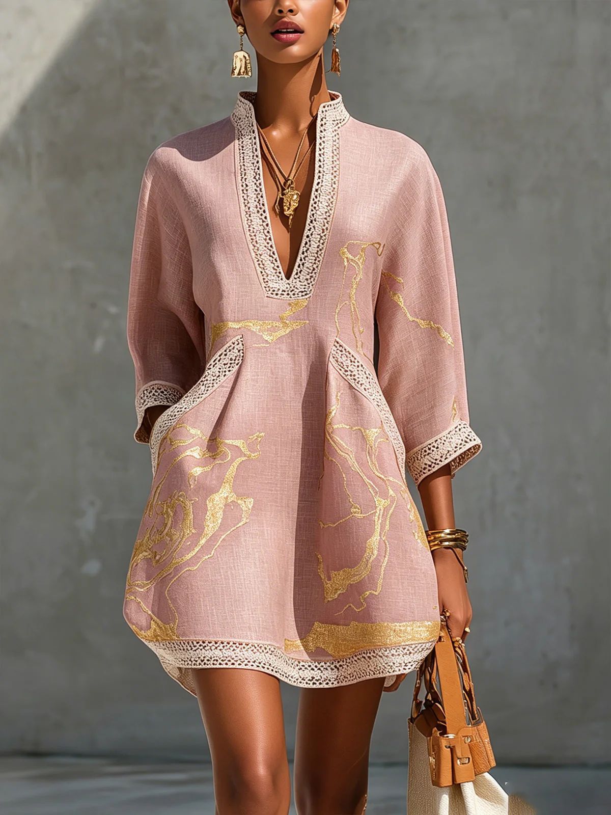Printed lace trimmed seven quarter sleeved cotton linen short dress 