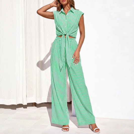 Spring Summer Women's Striped Buttoned Sleeveless Shirt and Pants Set 