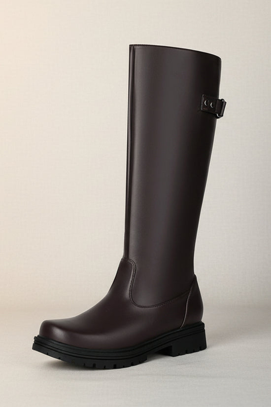 Womens Retro British-Style Leather Belt-Buckle Riding Boots 