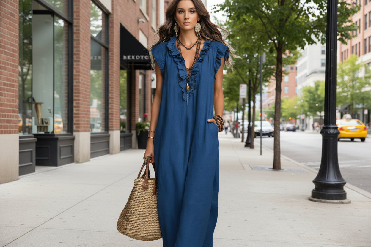 Women's Spring Summer Pocket Ruffle Elegant Dress 
