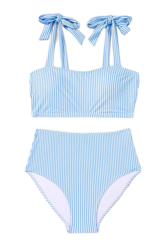 Women's Striped Bikini Set with Tie-Shoulder Design, High-Waisted Two-Piece Swimsuit 
