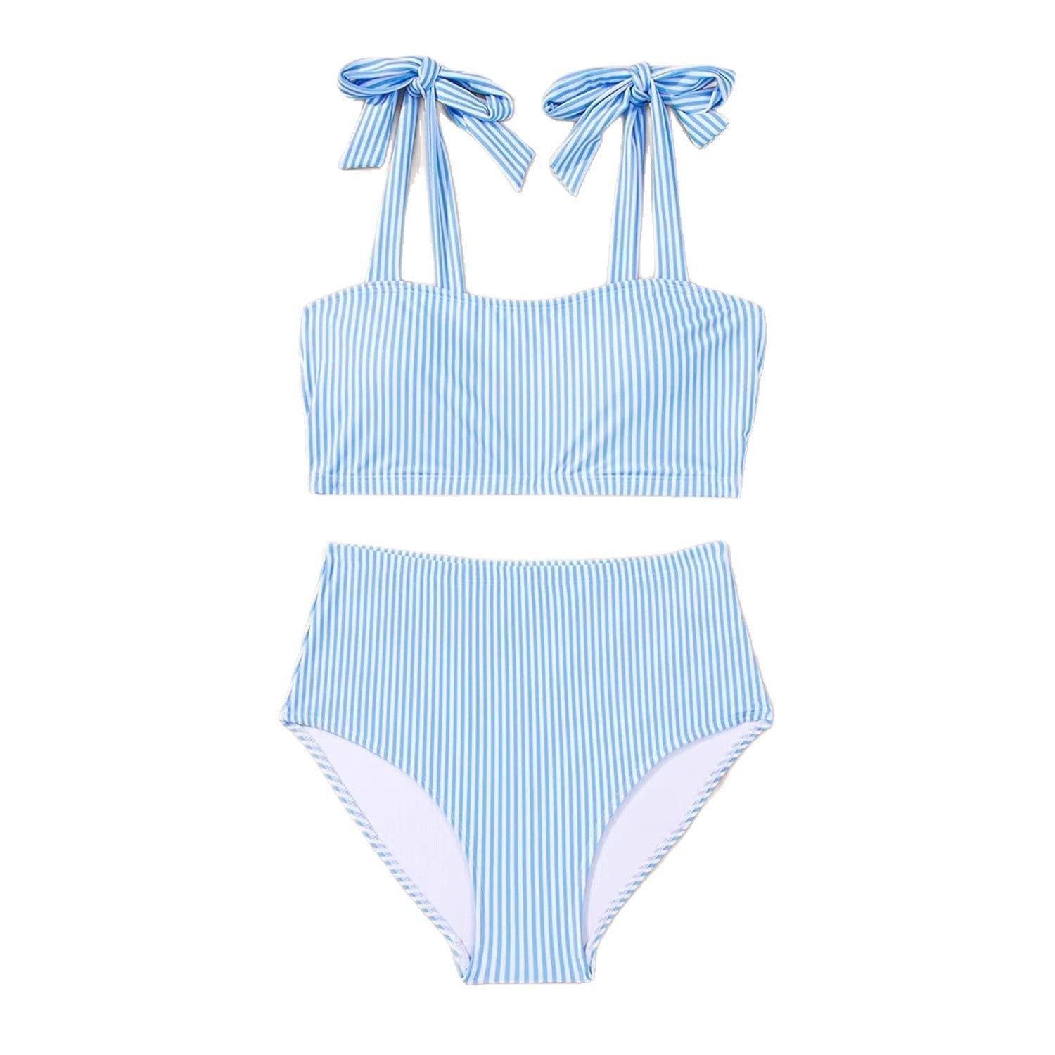 Women's Striped Bikini Set with Tie-Shoulder Design, High-Waisted Two-Piece Swimsuit 