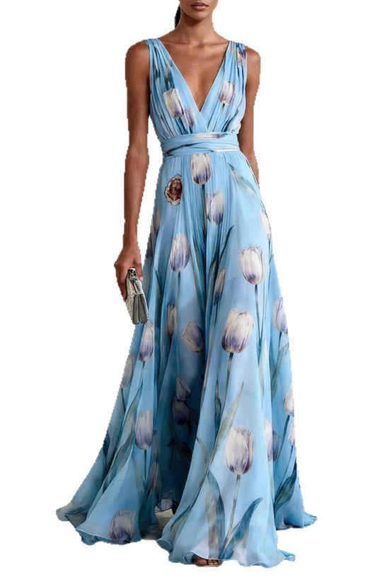 Elegant Tulip Print Evening Dress for Women Sleeveless V-Neck Chiffon Long Dress 
