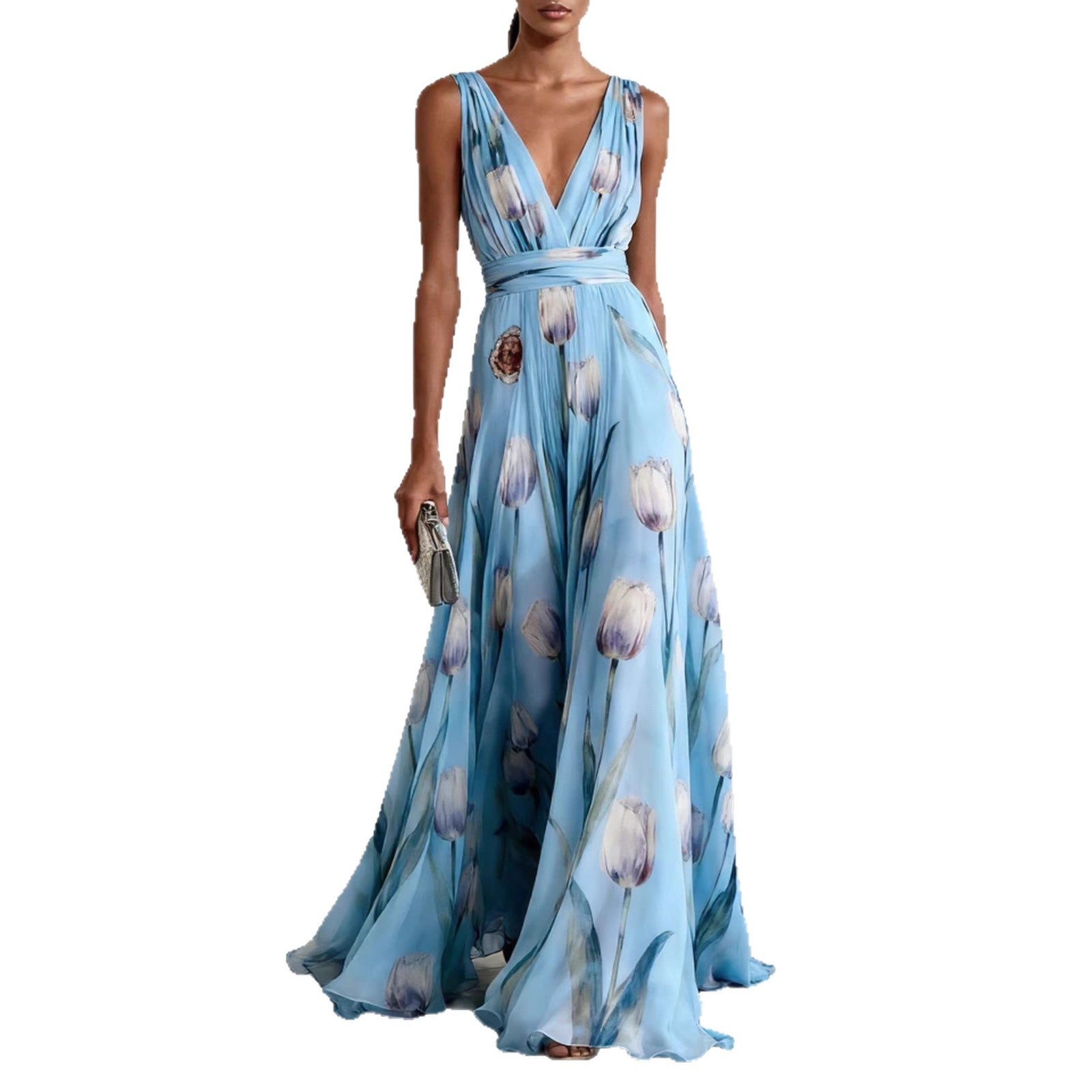 Elegant Tulip Print Evening Dress for Women Sleeveless V-Neck Chiffon Long Dress 
